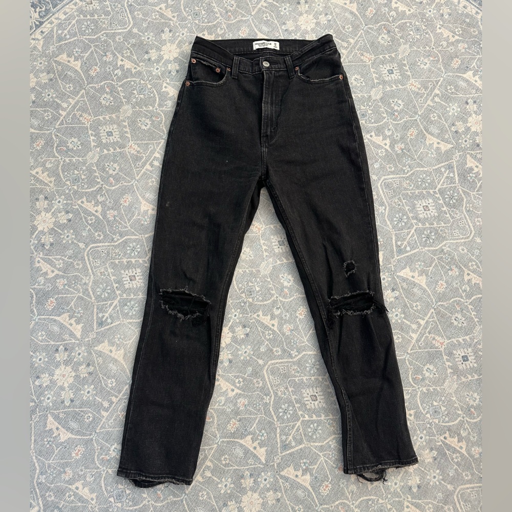 Abercrombie and Fitch black distressed 90 high rise straight jean